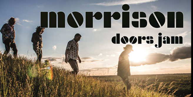 Bandet Morrison går i højt græs i modlys under teksten morrison doors jam