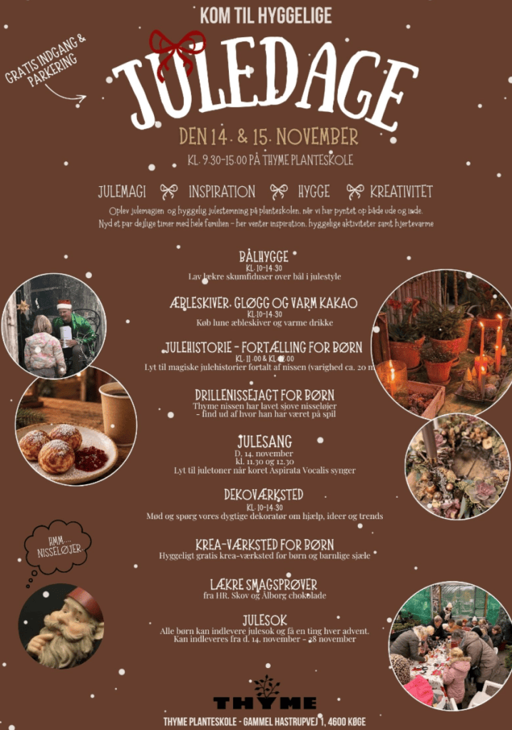 Plakat for Juledage på Thyme Planteskole 14.-15. november med hele programmet